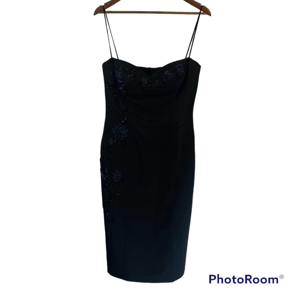 VTG Y2K Geometrie Black and Blue Beaded Floral Midi Length Prom Dress  Size 8
